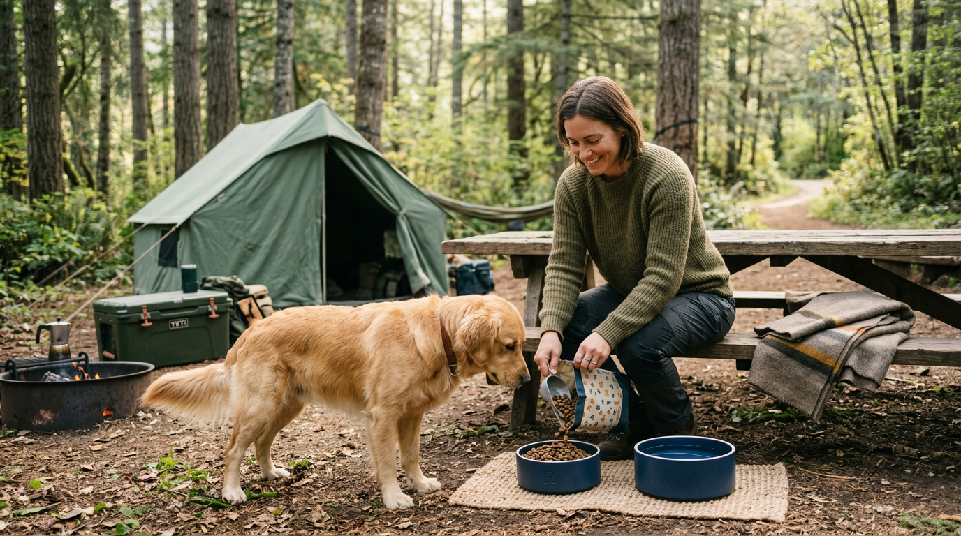 Sauber vorbereiteter Futterplatz für Hunde auf einem Campingplatz mit Napf, Wasser und kleiner Kühlbox.